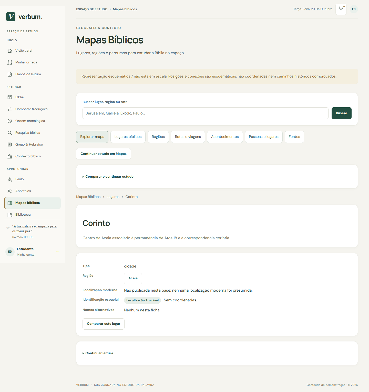 Tela real do módulo Mapas Bíblicos do Verbum, mostrando informações sobre Corinto
