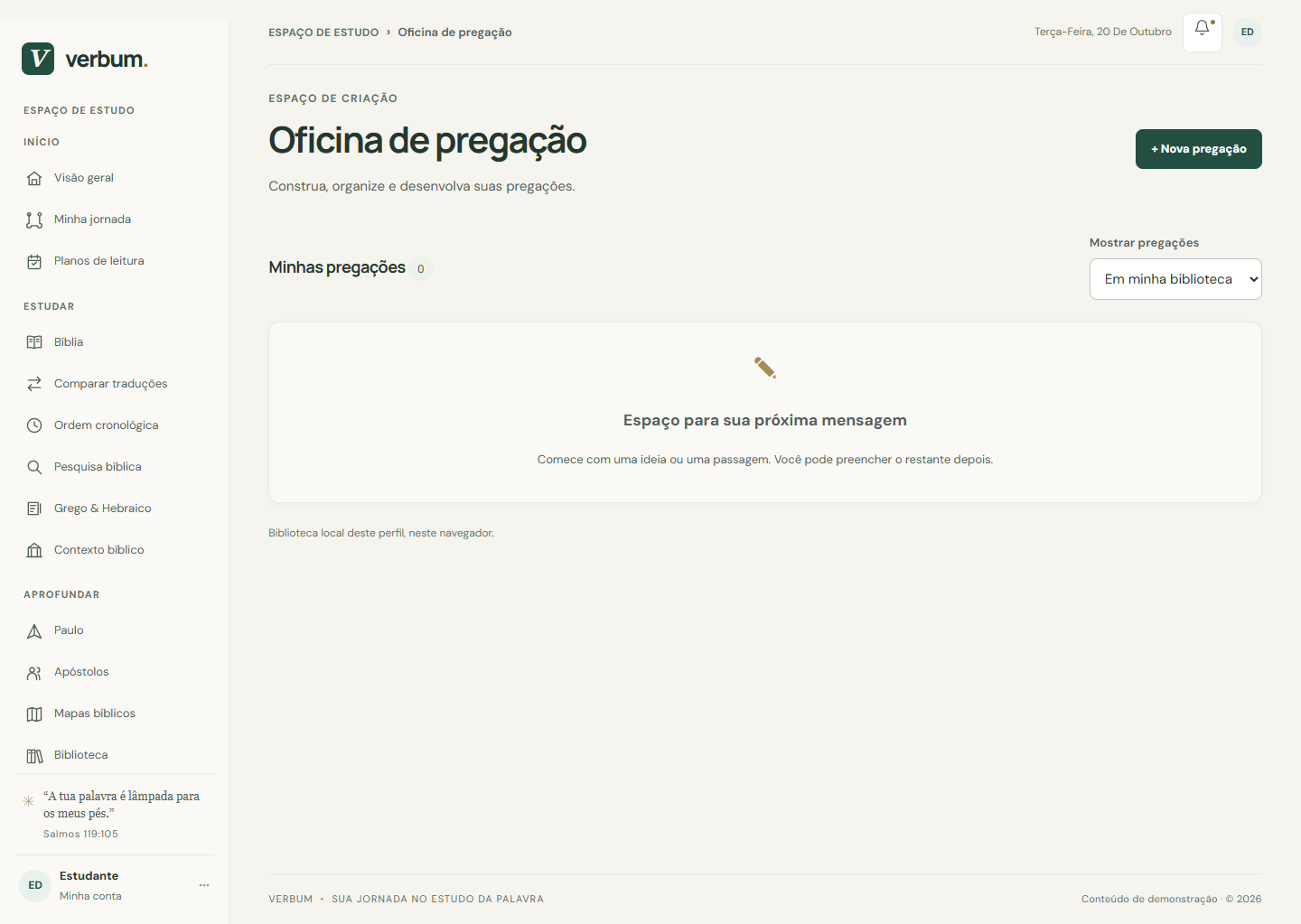 Tela real da Oficina de Pregação do Verbum, com área para organizar os esboços